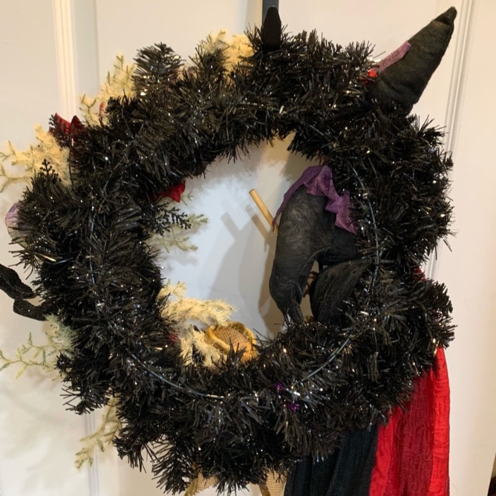 Hand crafted spooky season witch wreath with red and purple floral - Picture 5 of 6